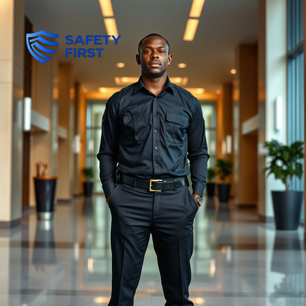Professional black male security guard in a modern building lobby